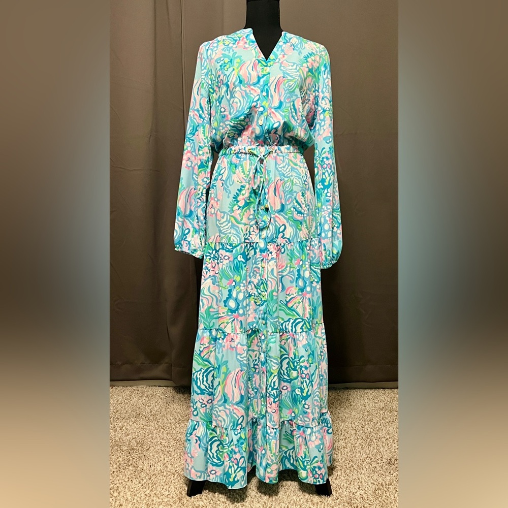 Lilly Pulitzer Cori Stretch Shirtdress in Aqua la Vista - Size Large